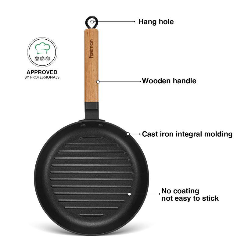 Fissman Grill Pan 24x3.5cm With Wooden Handle (Enamel Cast Iron)