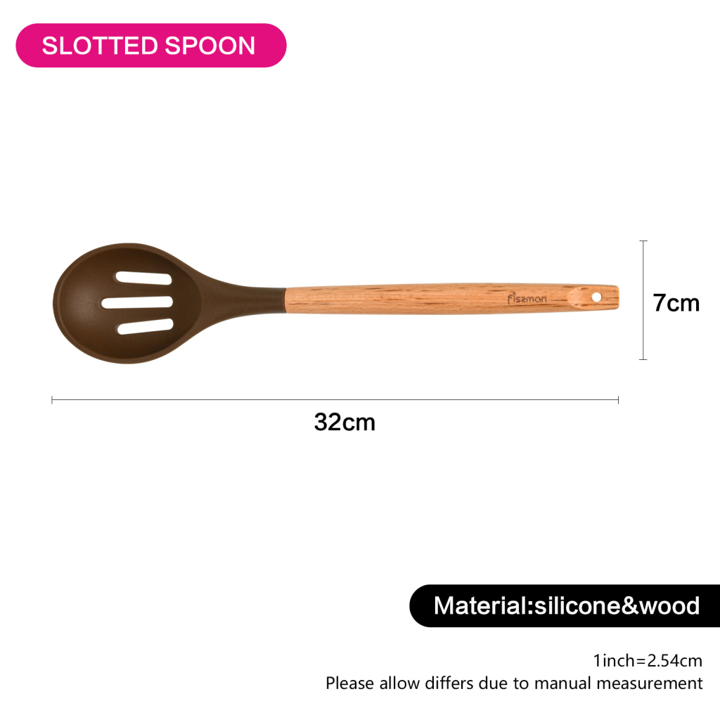 Fissman Slotted Spoon Chefs Tools 32cm Chocolate (Silicone With Wooden Handle)