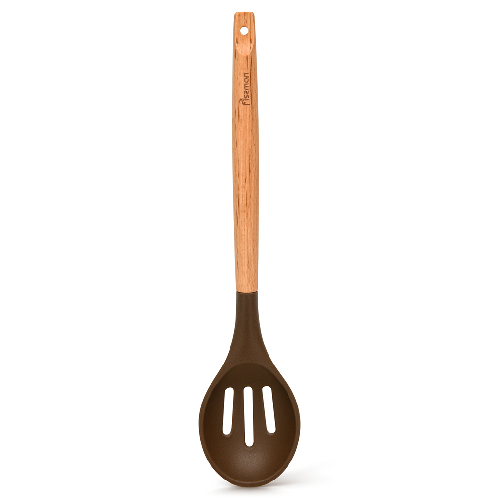 Fissman Slotted Spoon Chefs Tools 32cm Chocolate (Silicone With Wooden Handle)