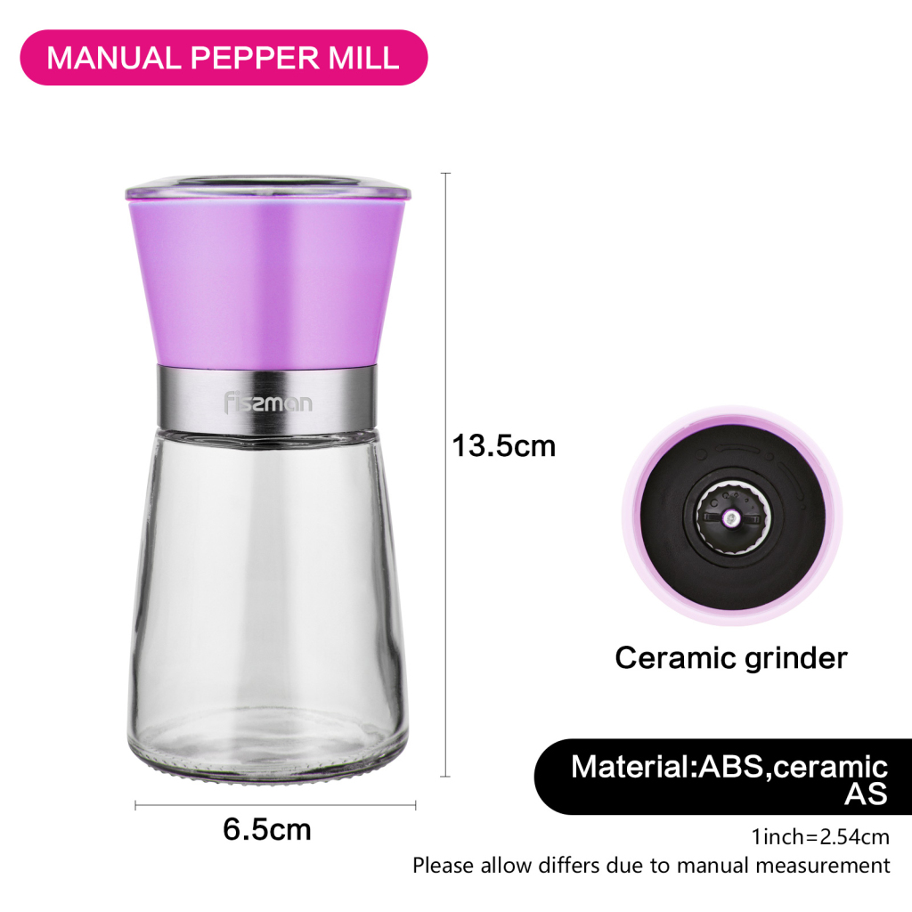 Fissman Salt And Pepper Mill Grinder Glass Ceramic Mechanism Purple 13cm/ 160ml