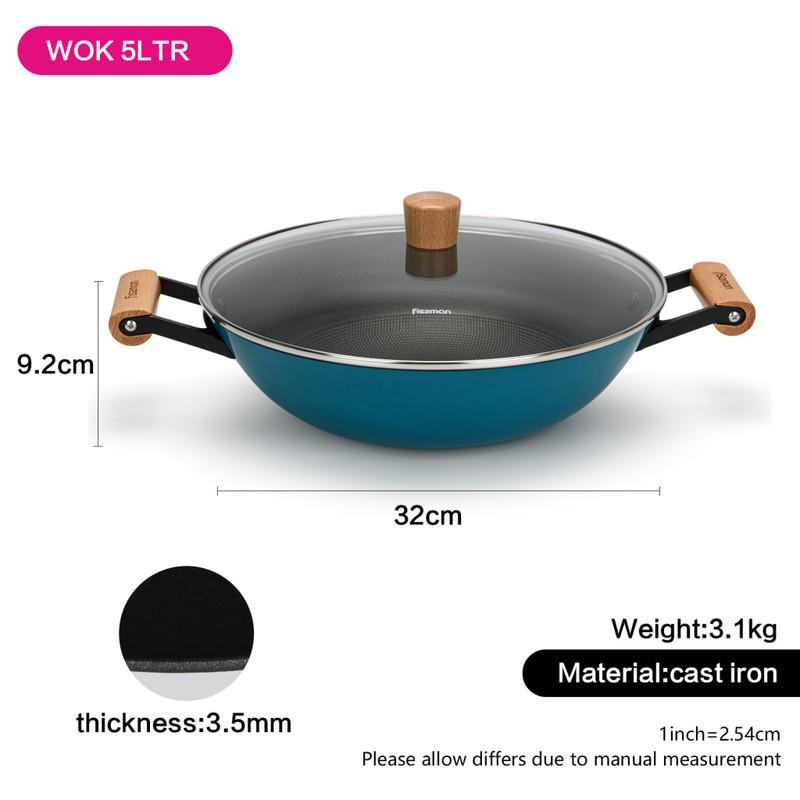 Fissman Wok Seagreen 32x9.2/5LTRcm With Glass Lid (Enamelled Lightweight Cast Ir