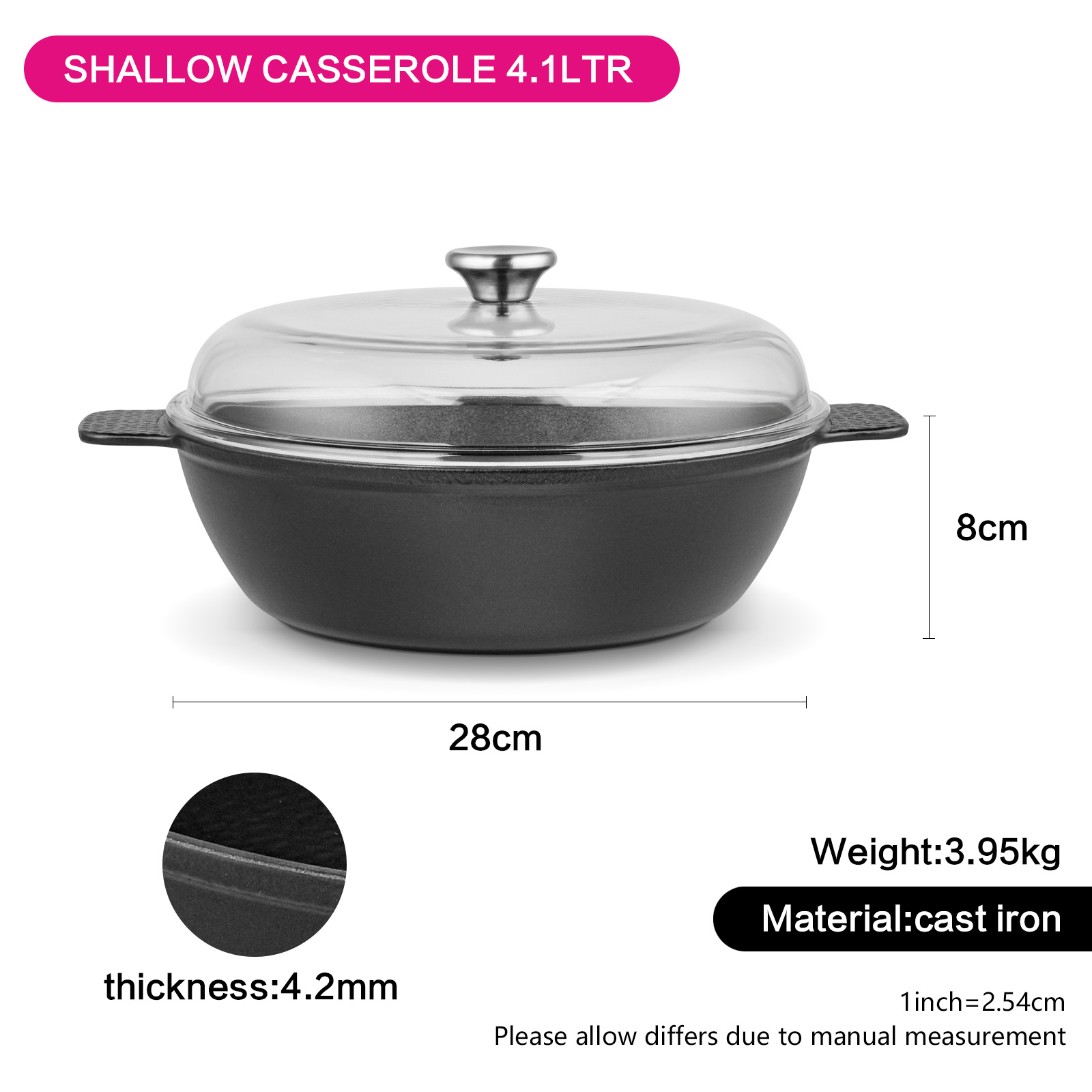 Fissman Shallow Casserole Nomada 28x8cm/4.1LTR With Two Side Handles Glass Lid (