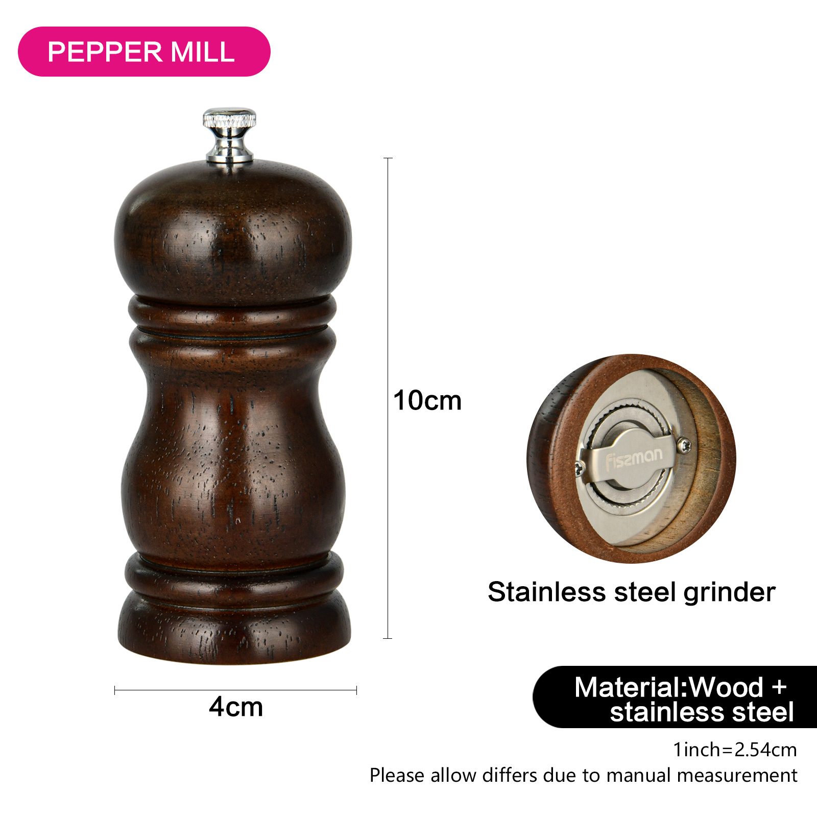 Fissman Pepper Mill 11x5cm (Rubber Wood Body With S/S Grinder)