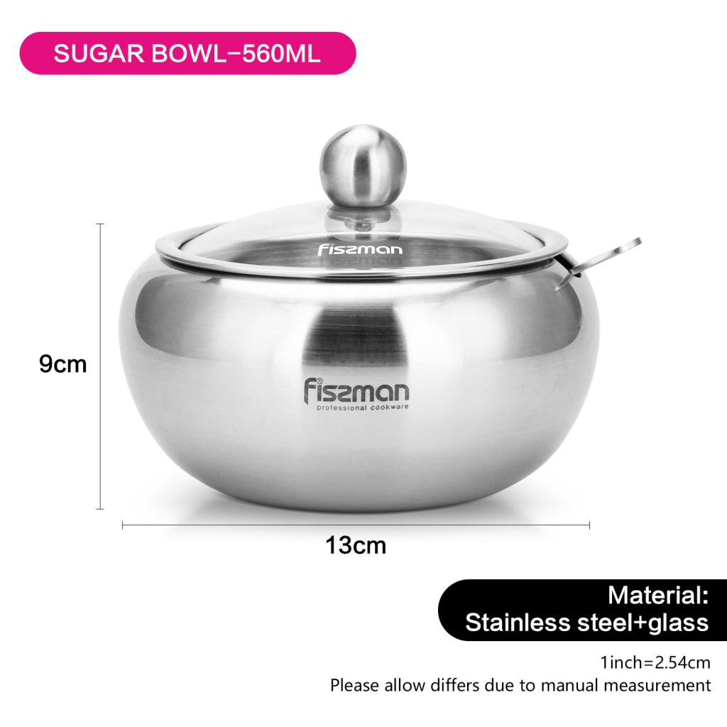 Fissman Sugar Bowl Large, Stainless Steel Drum Shape Sugar Pot 560ml, Silver