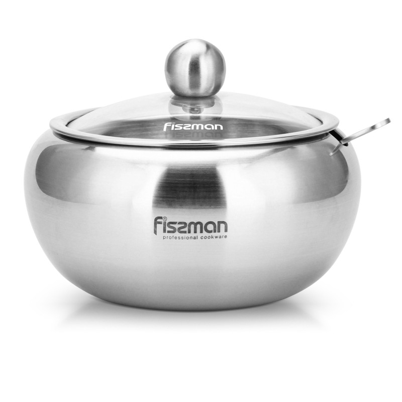Fissman Sugar Bowl 460ml With Glass Lid And Spoon (Stainless Steel)