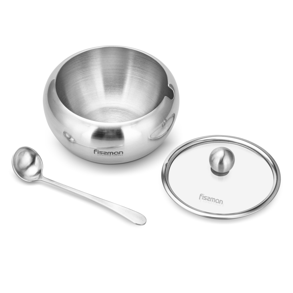 Fissman Sugar Bowl 460ml With Glass Lid And Spoon (Stainless Steel)