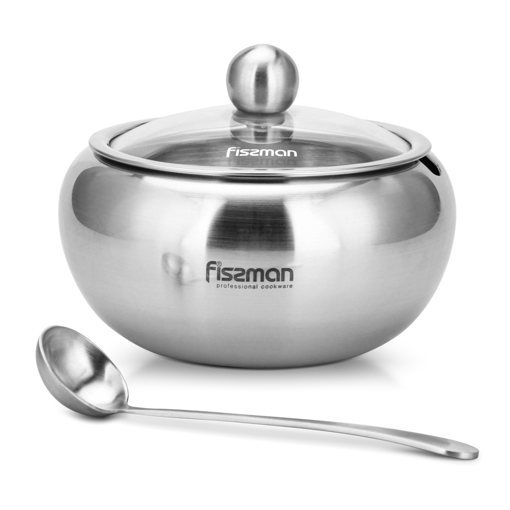 Fissman Sugar Bowl 460ml With Glass Lid And Spoon (Stainless Steel)