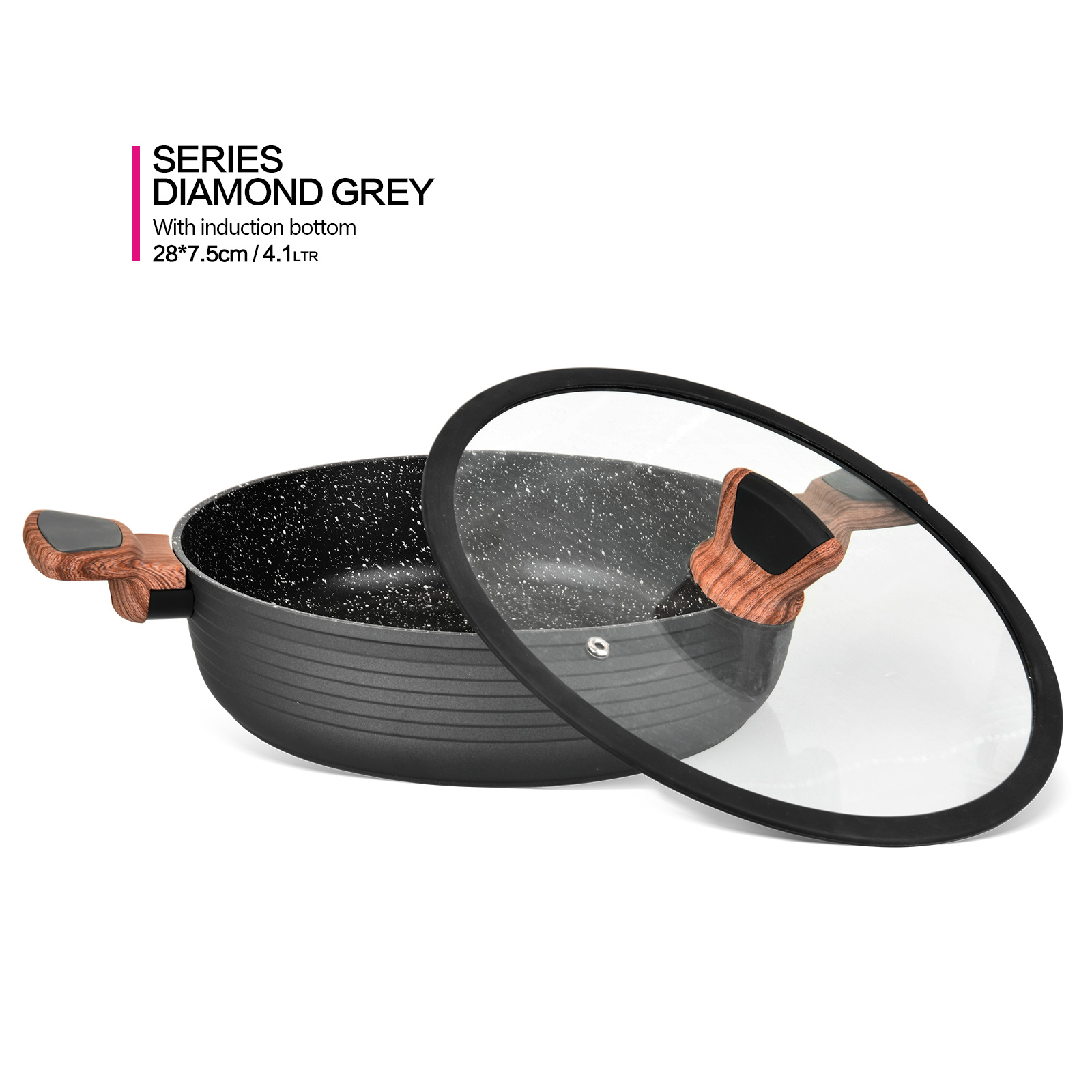 Fissman Shallow Casserole Diamond 28x7.5cm/4.1LTR With Glass Lid (Aluminium With