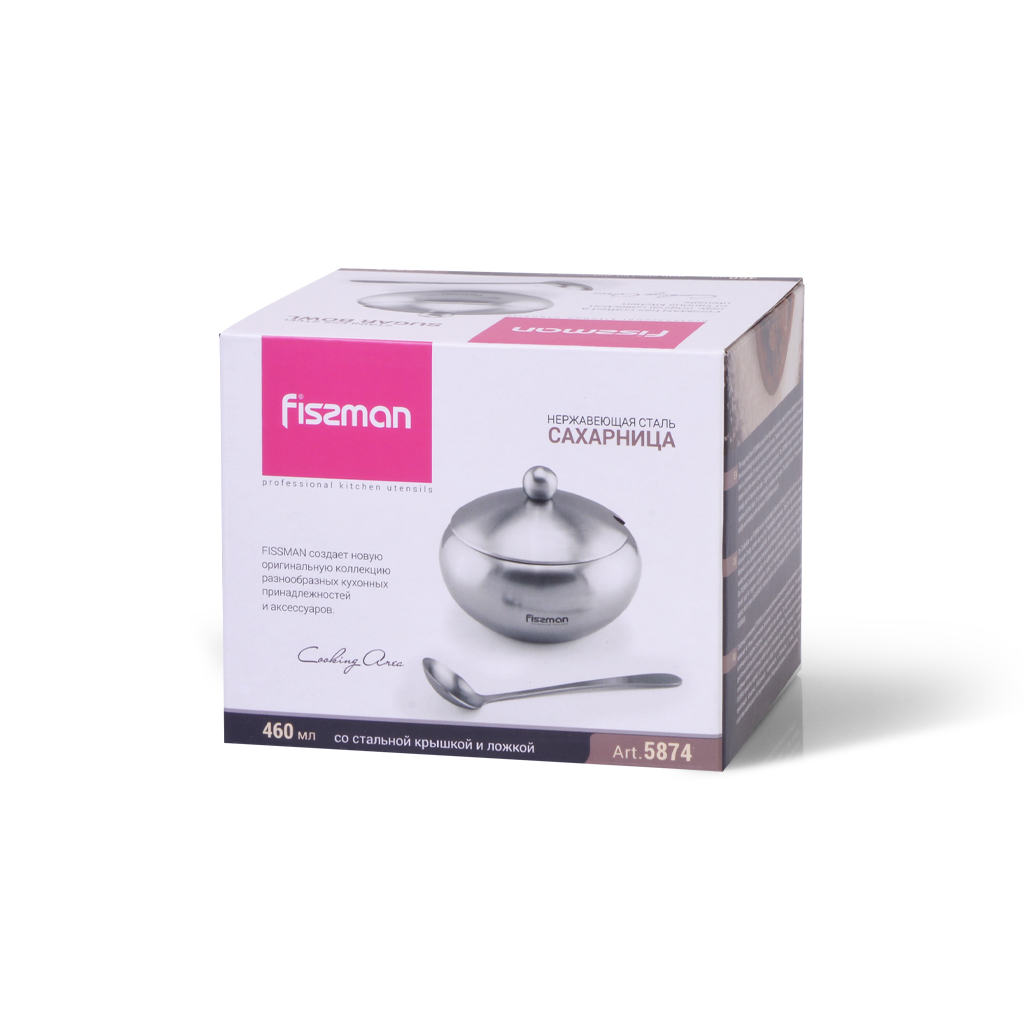 Fissman Sugar Bowl 460ml With Steel Lid And Spoon (Stainless Steel)
