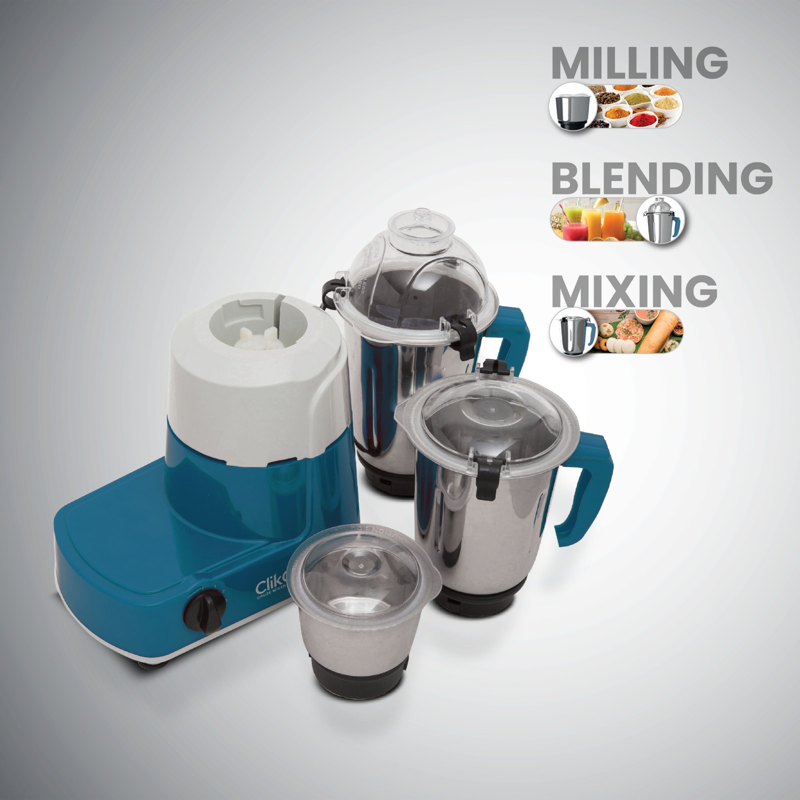 Clikon 3 in 1 Mixer Grinder with Stainless Steel Jars, Razor-sharp Blades