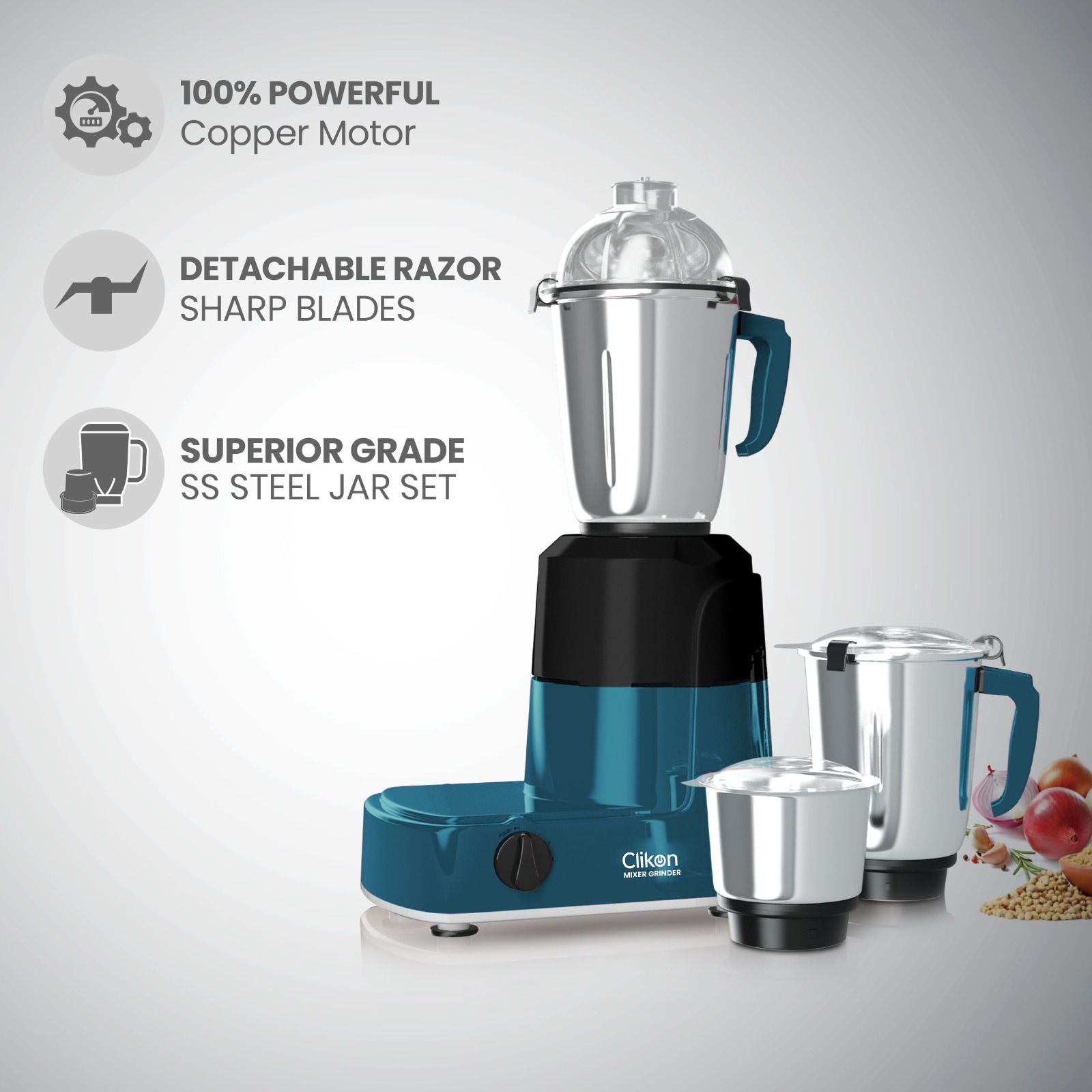 Clikon 3 in 1 Mixer Grinder with Stainless Steel Jars, Razor-sharp Blades