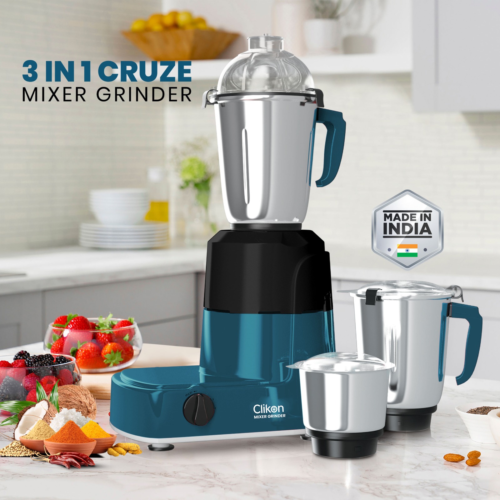 Clikon 3 in 1 Mixer Grinder with Stainless Steel Jars, Razor-sharp Blades