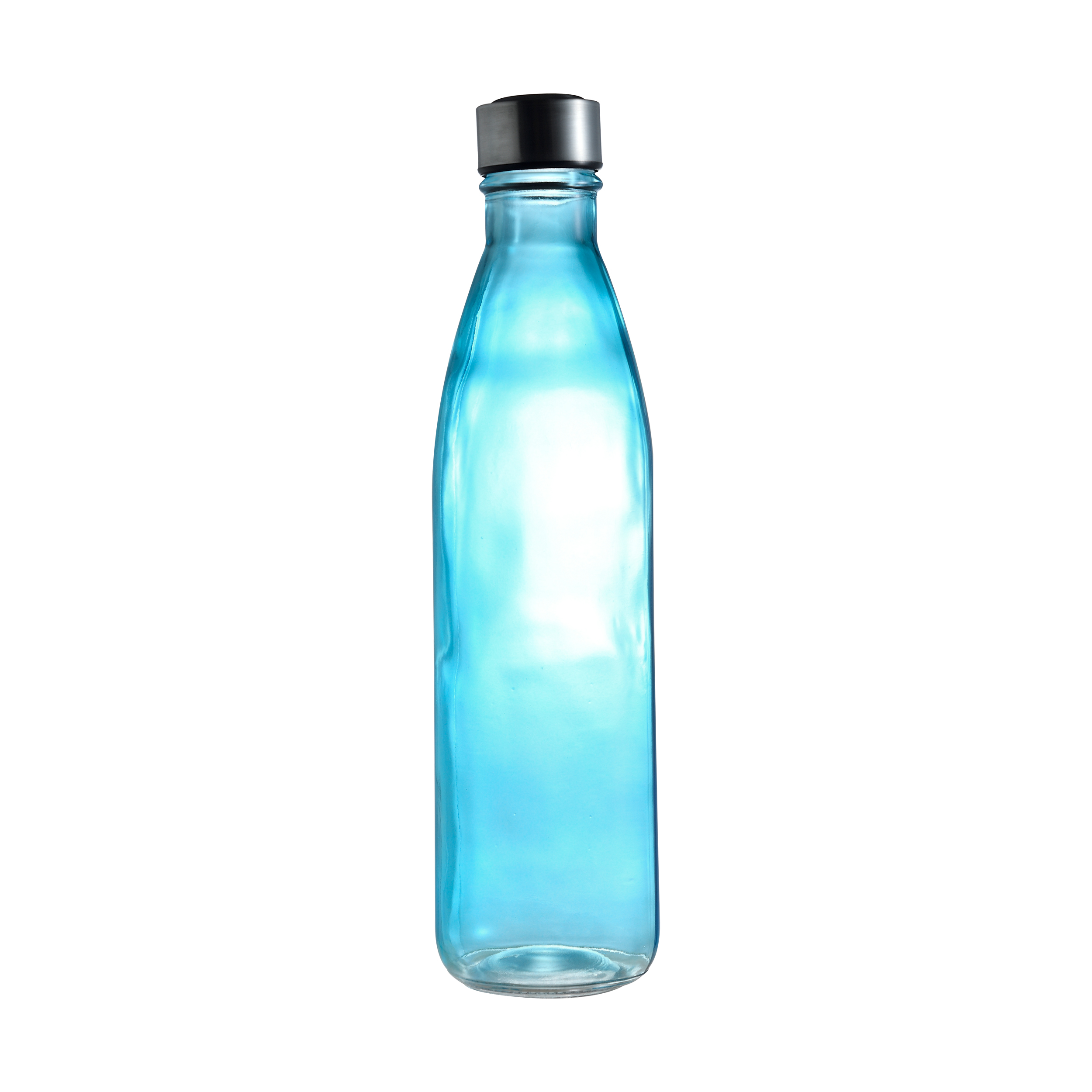 2 Piece Glass Water Bottle 1.0 Litre Leak Proof Stainless Steel Lid Blue Color