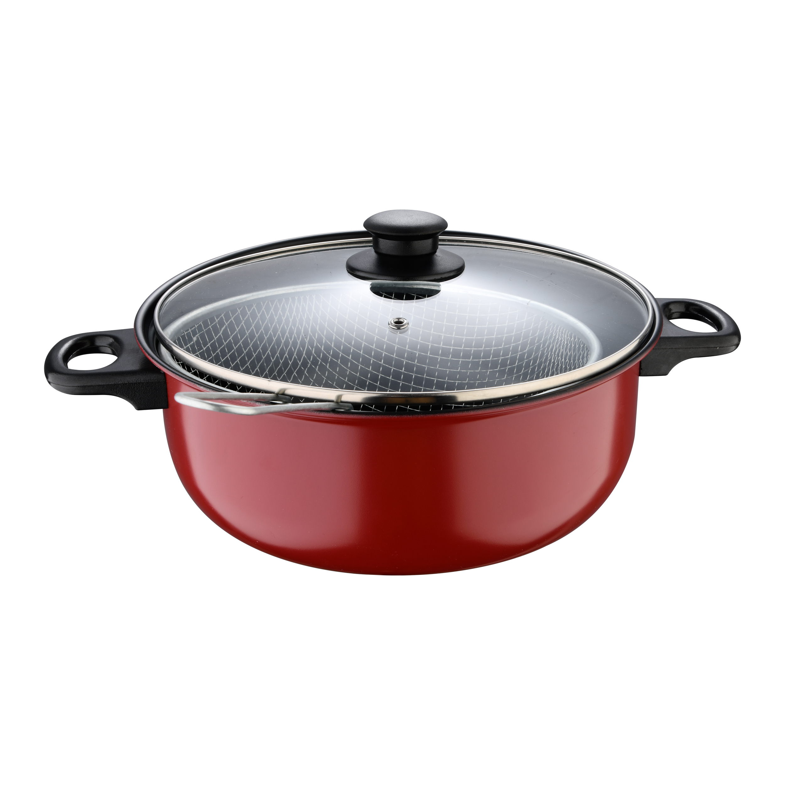 3PC Deep Fryer Set With Basket Carbon Steel Non-Stick Coating Red/Black Color