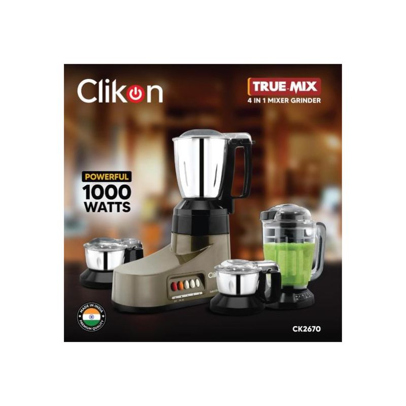 Clikon 3 in 1 Mixer Grinder with Stainless Steel Jars, Razor-sharp Blades