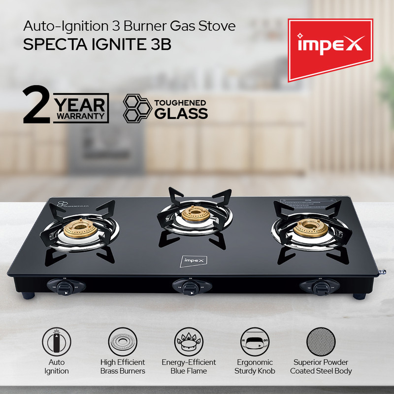 Impex Spectra 3B Ignite Glass Top 3 Burner Stove (Black)