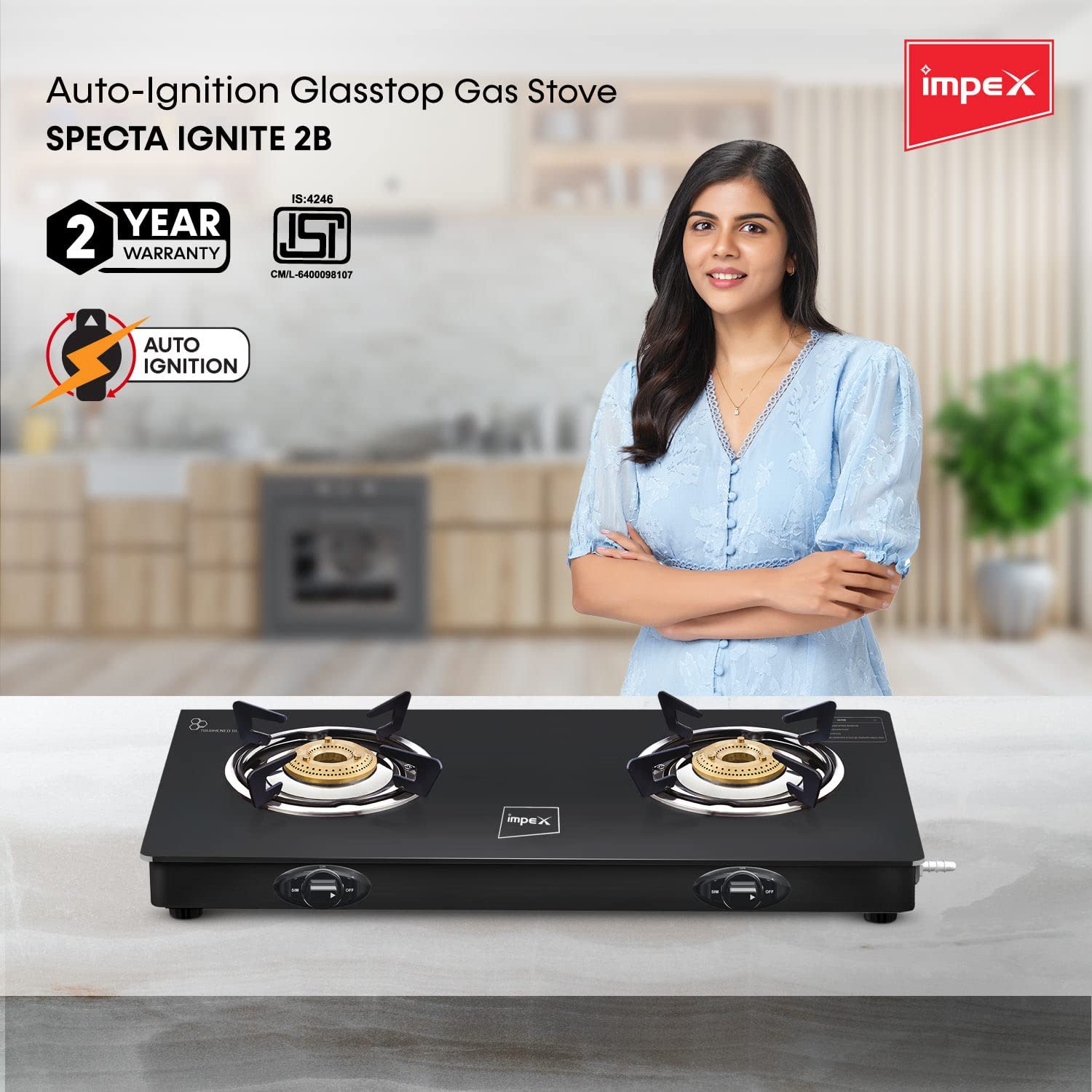 Impex Spectra 2B Ignite Glass Top 2 Burner Stove (Black)