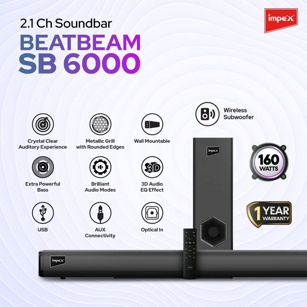 Impex SB 6000 2.1 Wireless Subwoofer Soundbar BeatBeam