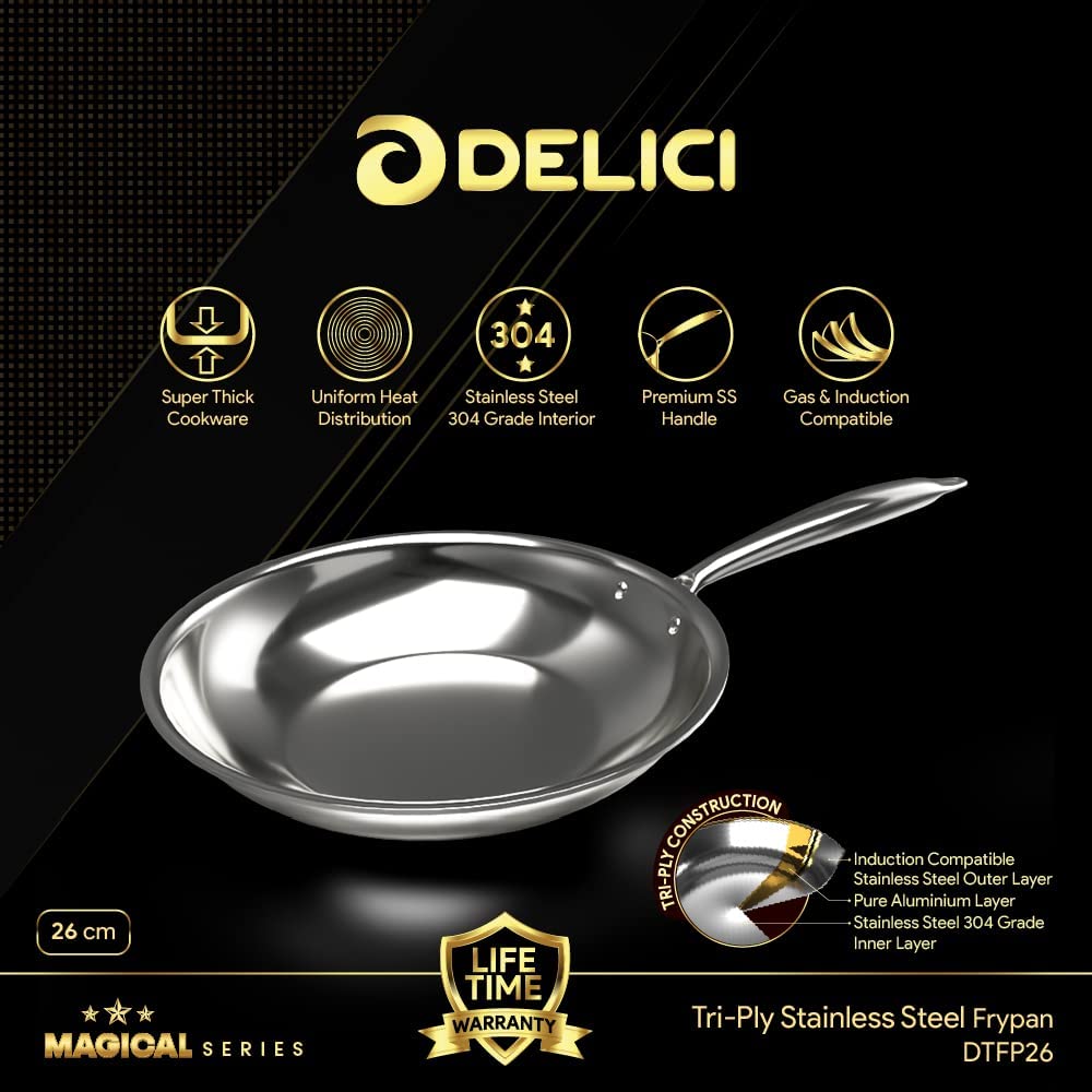 DELICI DTFP26 TRI-PLY STAINLESS STEEL FRYPAN 26 CM