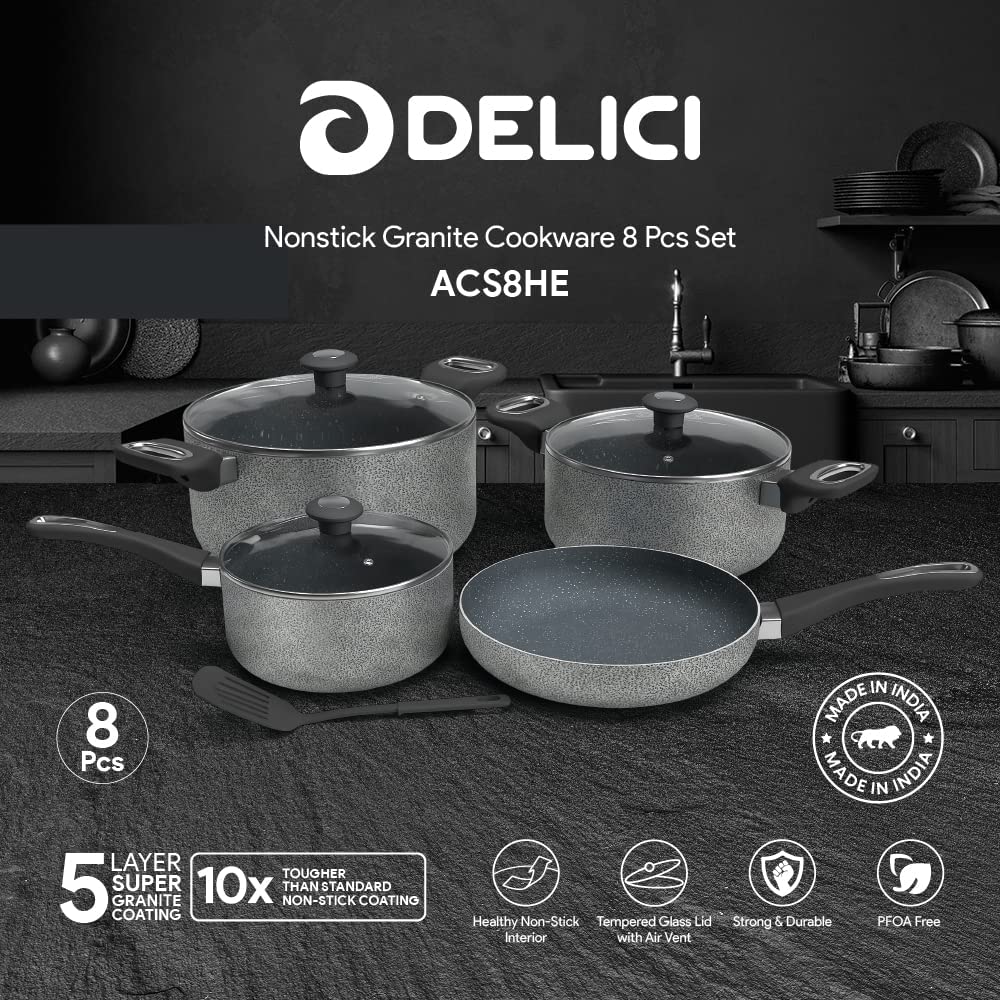 DELICI ACS8HE 8Pcs Nonstick Granite Cookware Set with 5 layer Super Coating