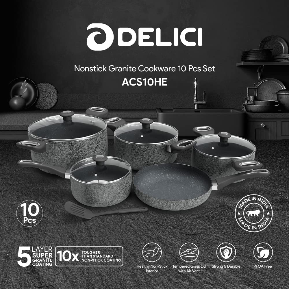DELICI ACS10HE 10Pcs Nonstick Granite Cookware Set with 5 layer Super Coating