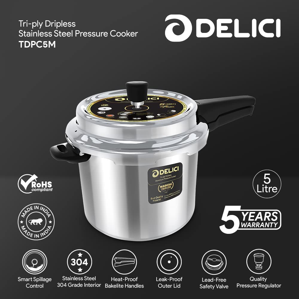 DELICI TDPC5M TRI-PLY STAINLESS STEEL PRESSURE COOKER 5 LTR