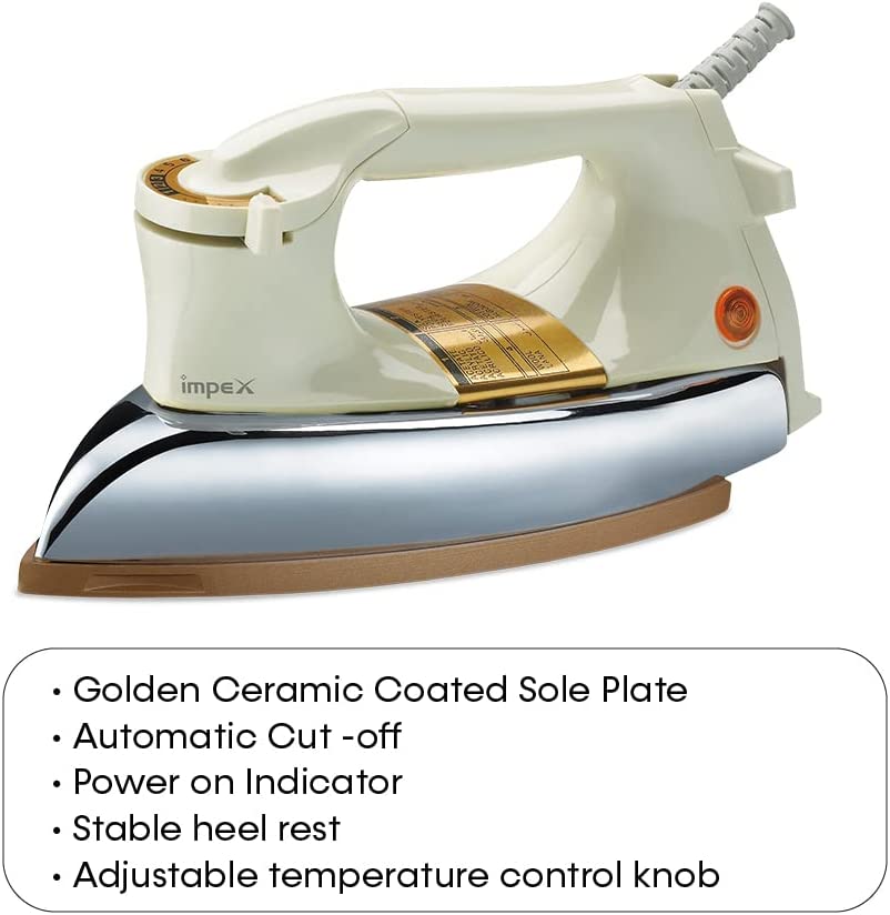 Impex IB 201 1200W Heavy Duty Dry Iron Box With Golden Ceramic Coated Sole Plate
