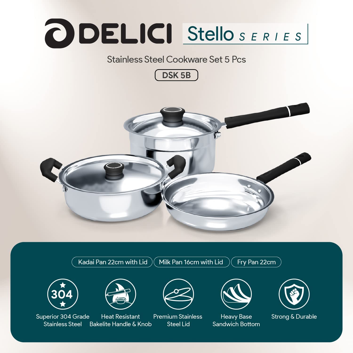 DELICI DSK 5B STAINLESS STEEL COOKWARE SET 5 PCS