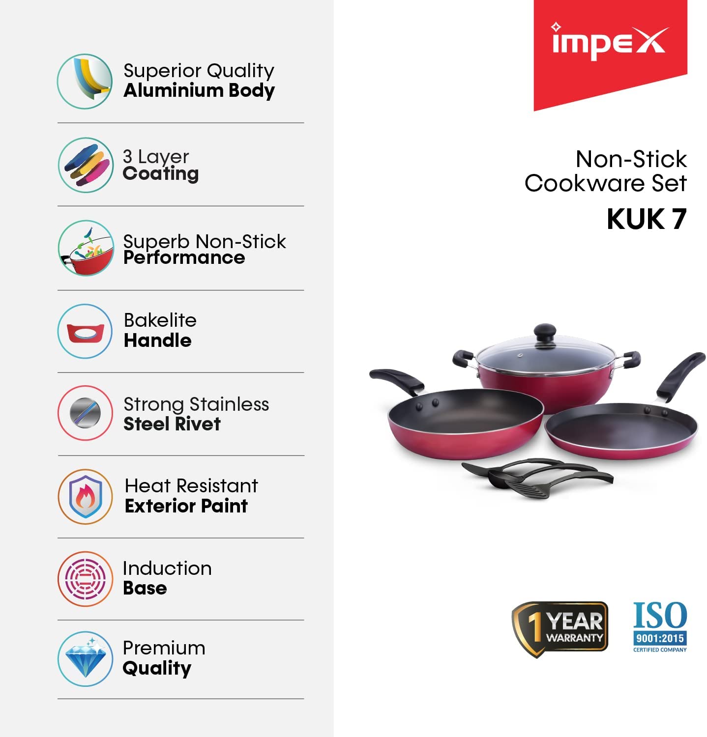 Impex KUK 7, 7 Pcs Nonstick Cookware Set