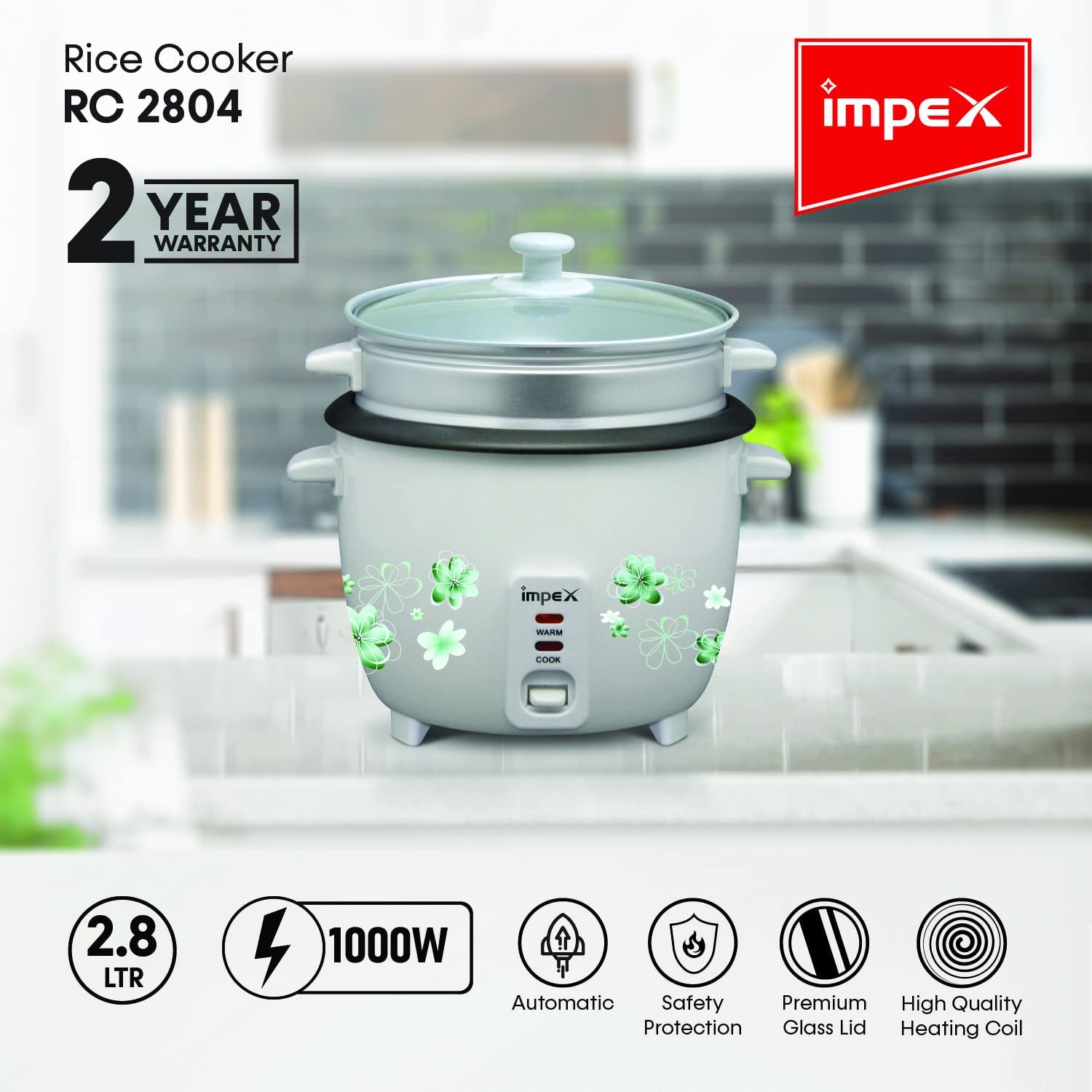 Impex RC 2804 2.8 L Drum Rice Cooker With Steamer