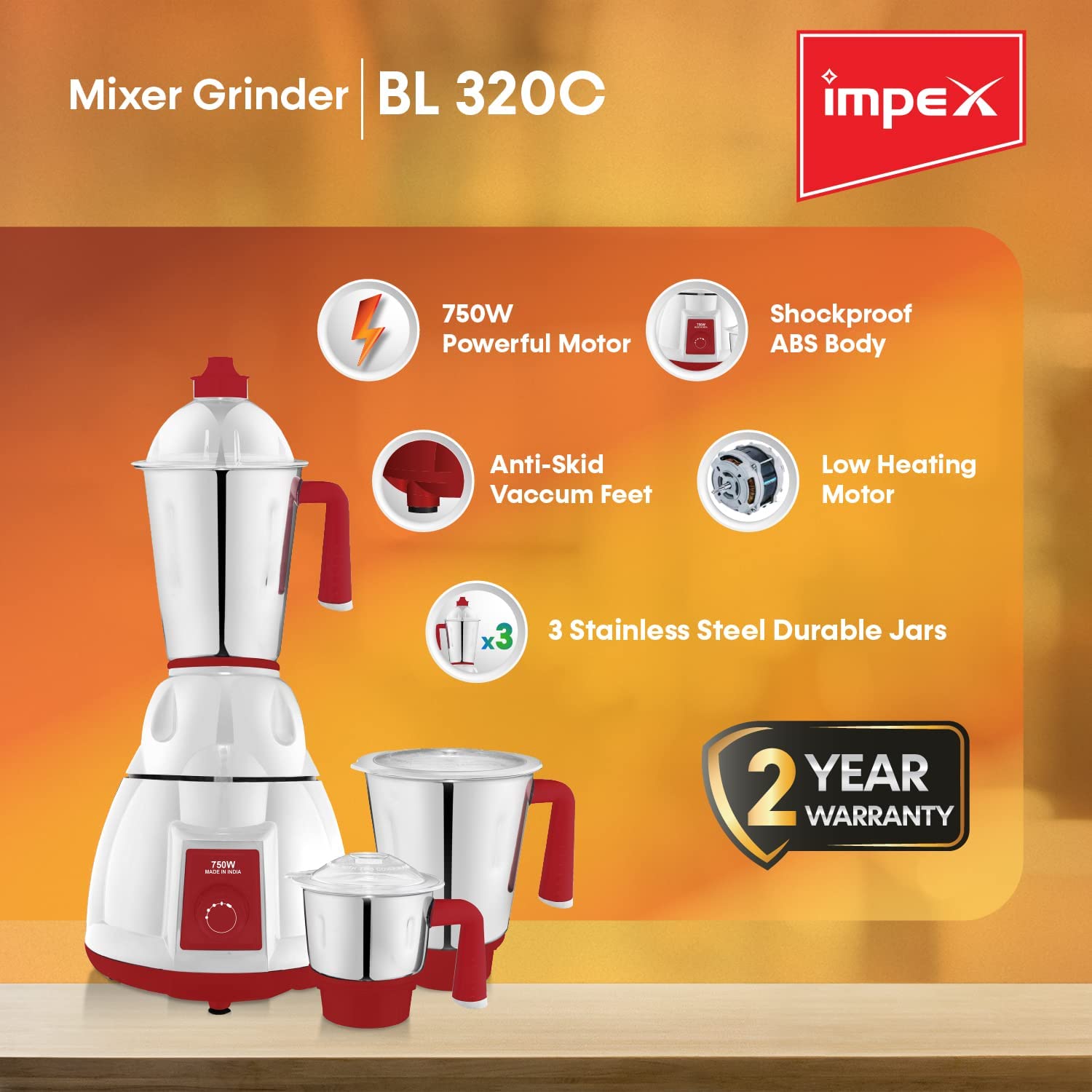 Impex BL 320C 750 Watts 3 in 1 Mixer Grinder, Assorted Color