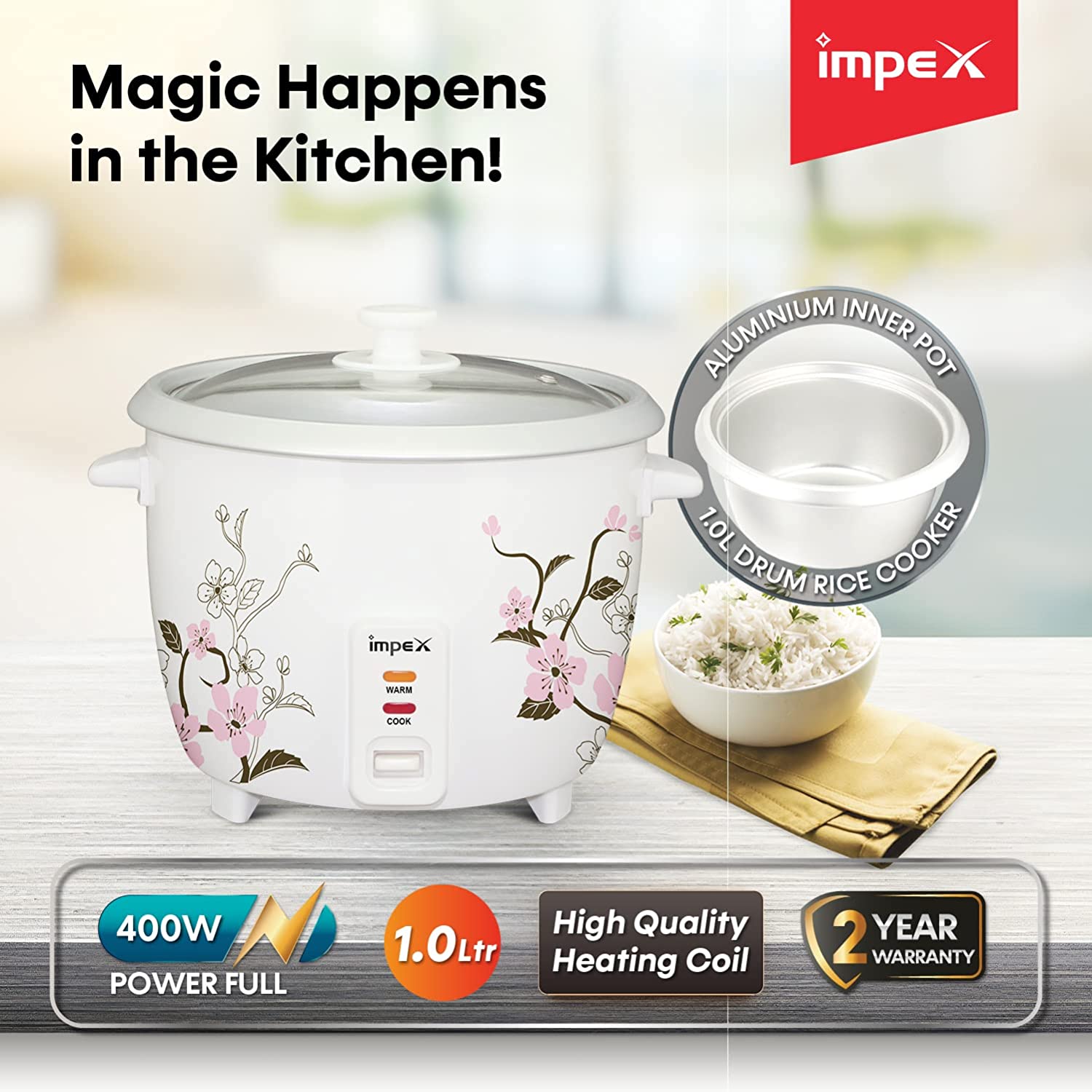 Impex RC 2801 400W 1 Litre Automatic Electric Rice Cooker with Aluminium Inner