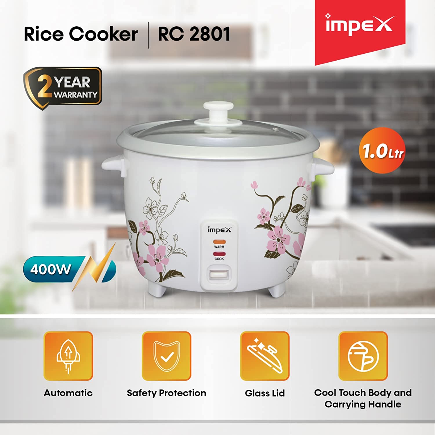 Impex RC 2801 400W 1 Litre Automatic Electric Rice Cooker with Aluminium Inner