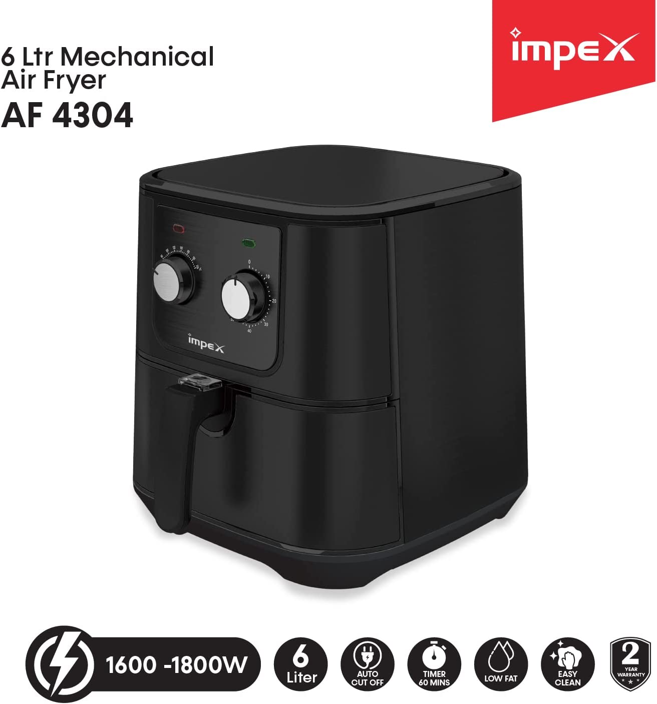 IMPEX 6L Mechanical Air Fryer - 6L Big Pot, 5.8L Non-Stick Frying Basket