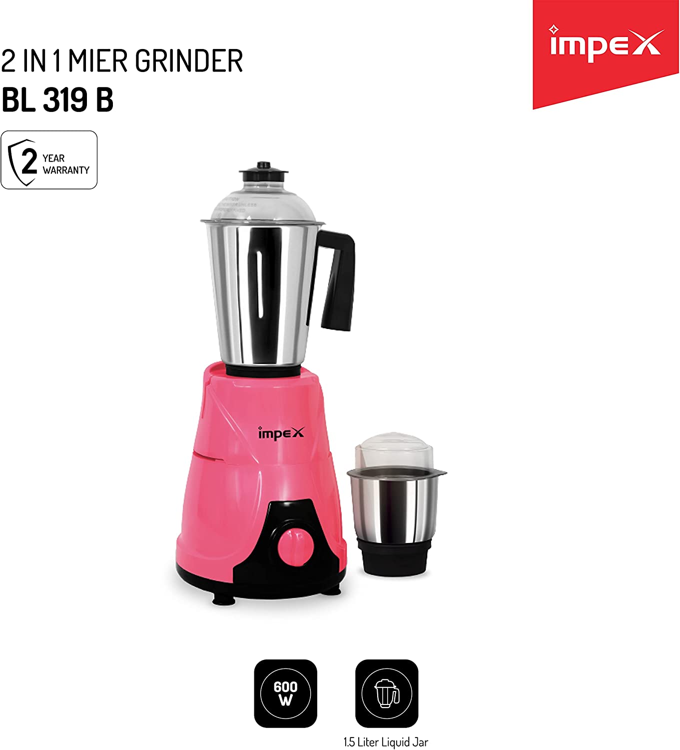 Impex BL 319 600W 1.5 Litre 3 Speed Control Blender 2 in 1 Mixer Grinder