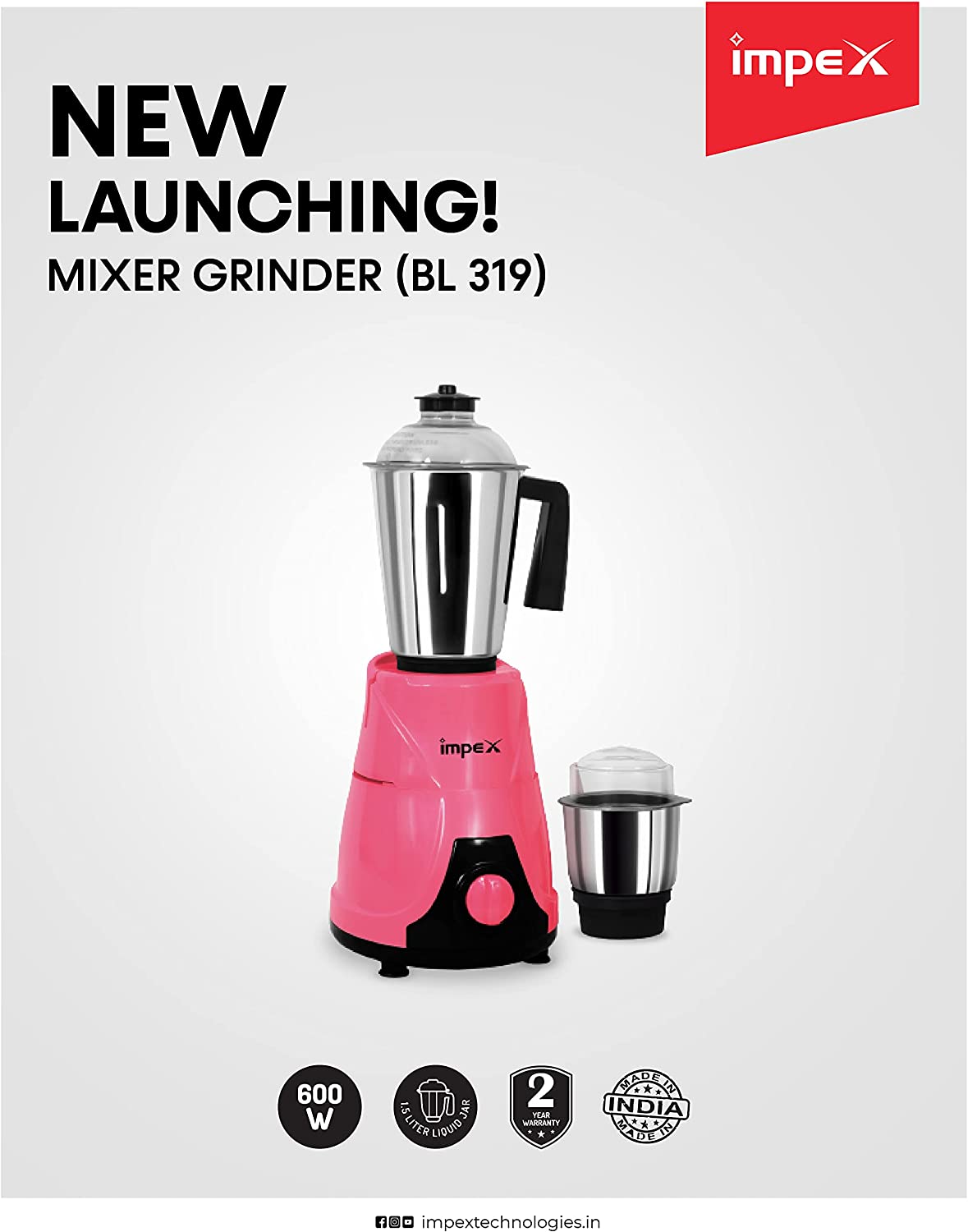 Impex BL 319 600W 1.5 Litre 3 Speed Control Blender 2 in 1 Mixer Grinder