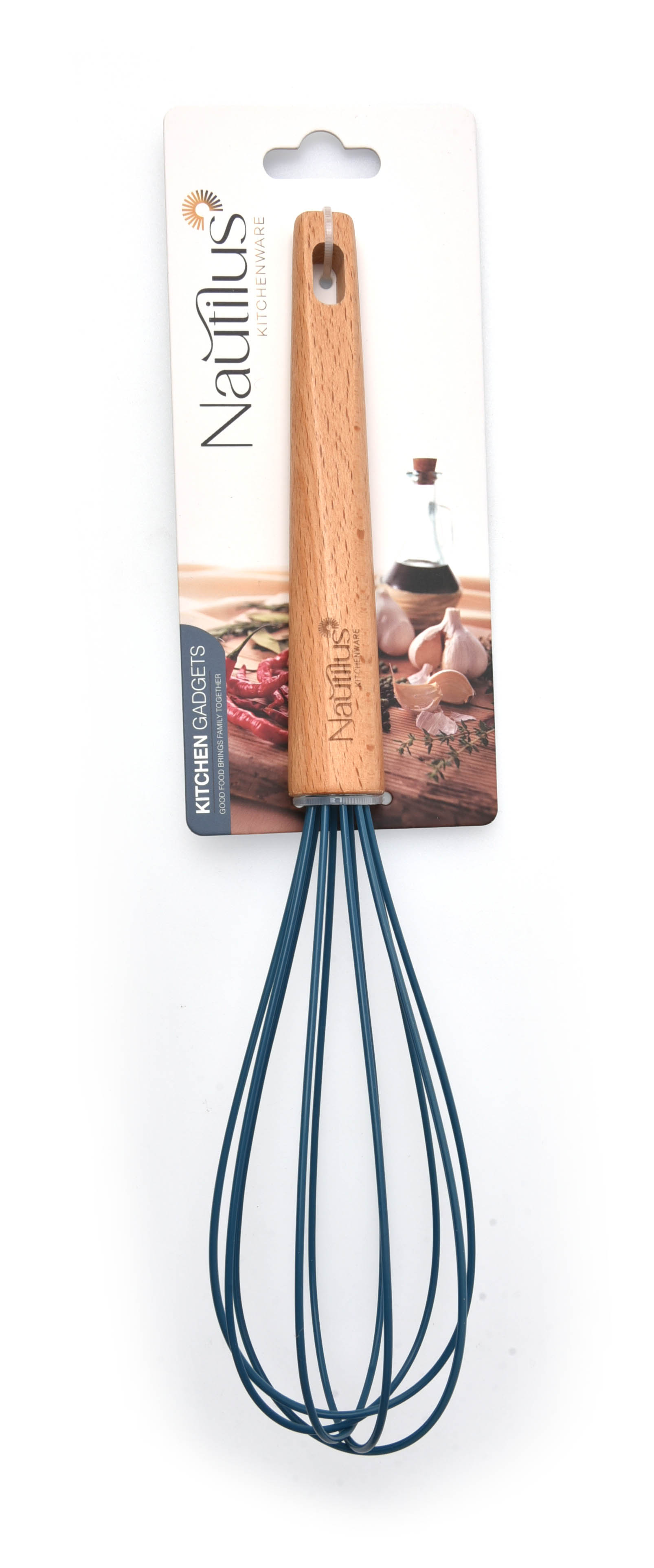 Beech Wood Handle Silicone Whisk Blue/Brown Color 30.2X6.5X6.5 Cm