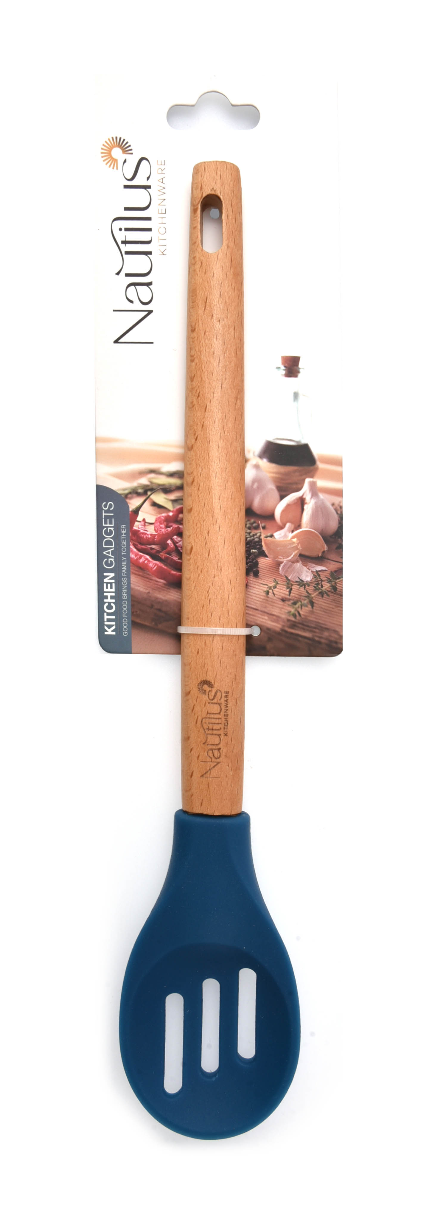 Beech Wood Handle Silicone Slotted Spoon Blue/Brown Color 29.9X5.8X1.6 Cm