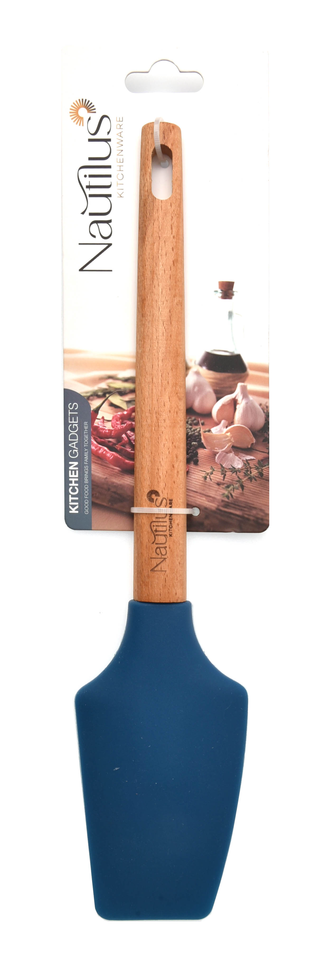 Beech Wood Handle Silicone Spatula Blue/Brown Color 29.9X6.4X1.6 Cm
