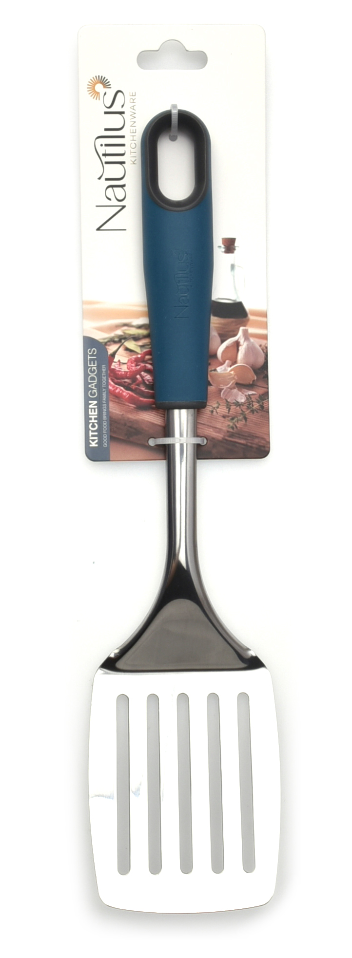 Soft Touch Handle SS Slotted Turner Blue/Grey Color 33X7.8X2.5 Cm