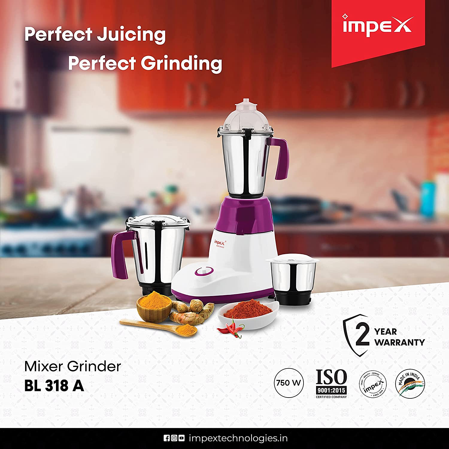 Impex Powerful Motor 3 In 1 Mixer Grinder Blender with Stainless Steel Blade & J