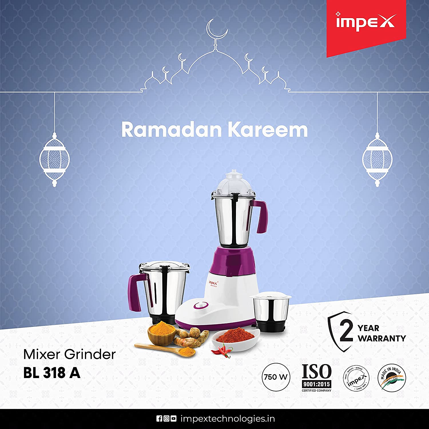 Impex Powerful Motor 3 In 1 Mixer Grinder Blender with Stainless Steel Blade & J