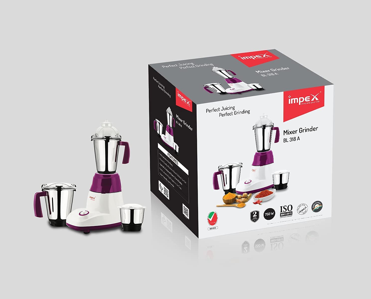 Impex Powerful Motor 3 In 1 Mixer Grinder Blender with Stainless Steel Blade & J