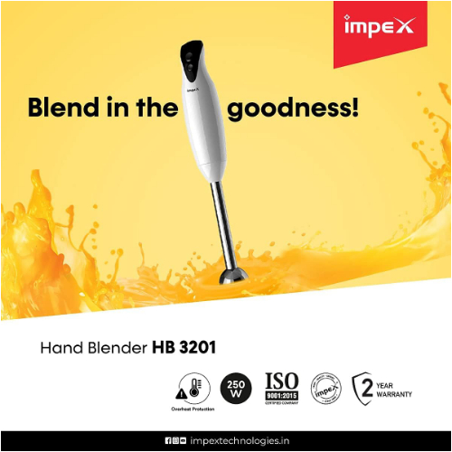 Impex HB 3201 200 Watts Hand Blender Mixer with 2 Speed Controls / White