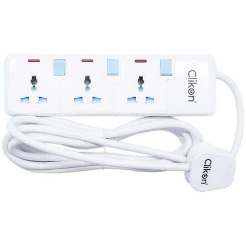 Clikon - 3 Way Extension Socket, 3 Meter Cable, Max Wattage 3250 Watts, White