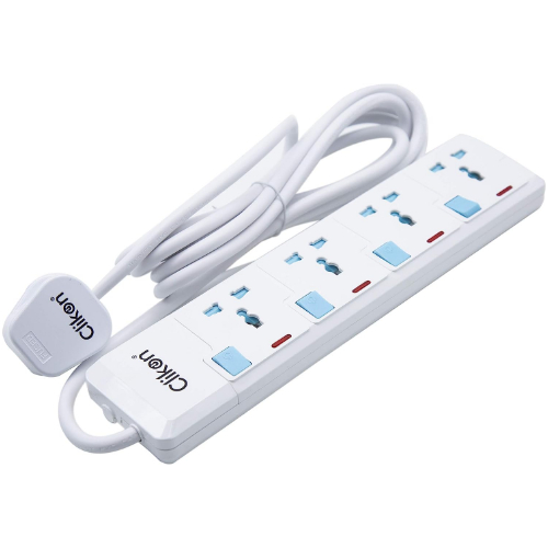 Clikon - 4 Way Extension Socket, 3 Meter Cable, Max Wattage 3250 Watts, White
