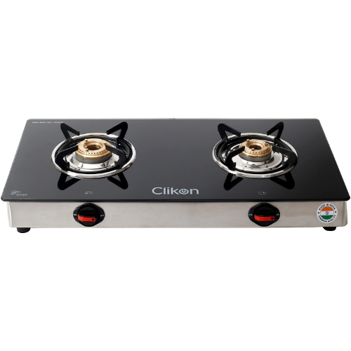 Clikon Dual Gas Burner with Tempered Glass Top, Auto - Piezo Ignition