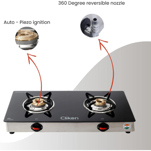 Clikon Dual Gas Burner with Tempered Glass Top, Auto - Piezo Ignition