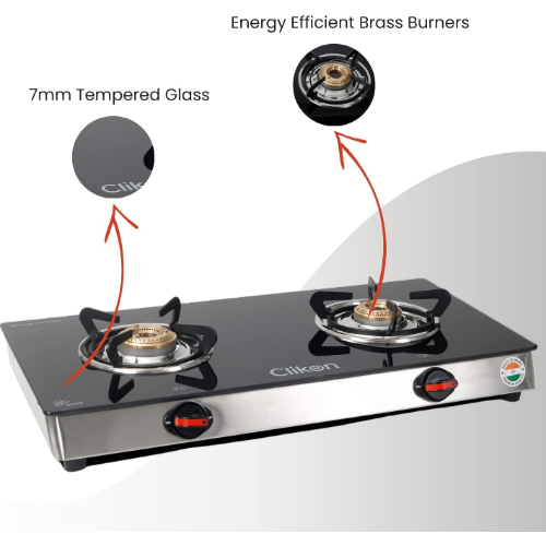 Clikon Dual Gas Burner with Tempered Glass Top, Auto - Piezo Ignition