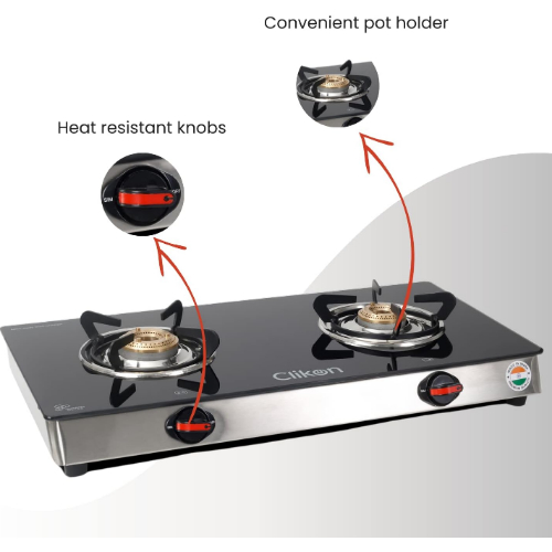 Clikon Dual Gas Burner with Tempered Glass Top, Auto - Piezo Ignition